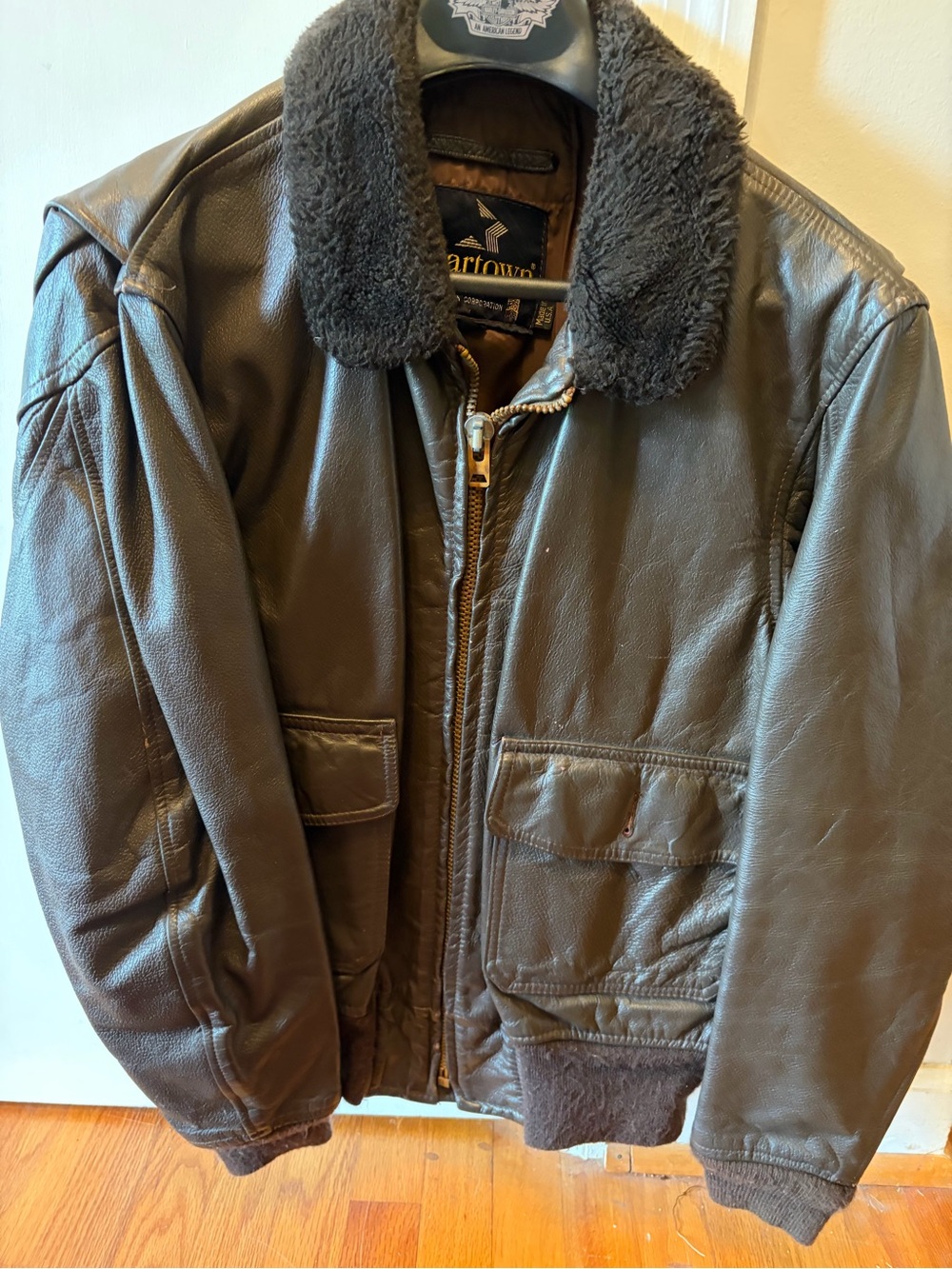 Men's Brown Leather Bomber Jacket with Sherpa Collar